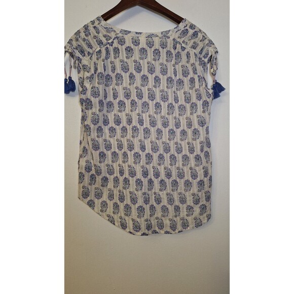 ANTHROPOLOGIE Shirred Cap Sleeved Blouse Top Womens S Peasant Casual Coastal - Picture 2 of 4